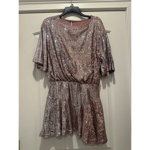 Free People Gold Rush Sequin Mini Dress Rose Gold Mauve Flutter Sleeve Small